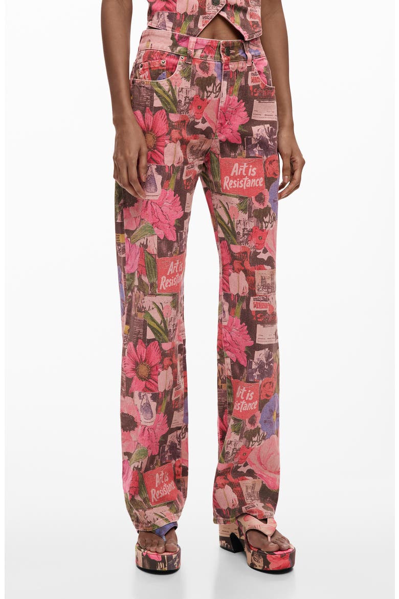 Patchwork Print Straight Leg Jeans, Main, color, PINK
