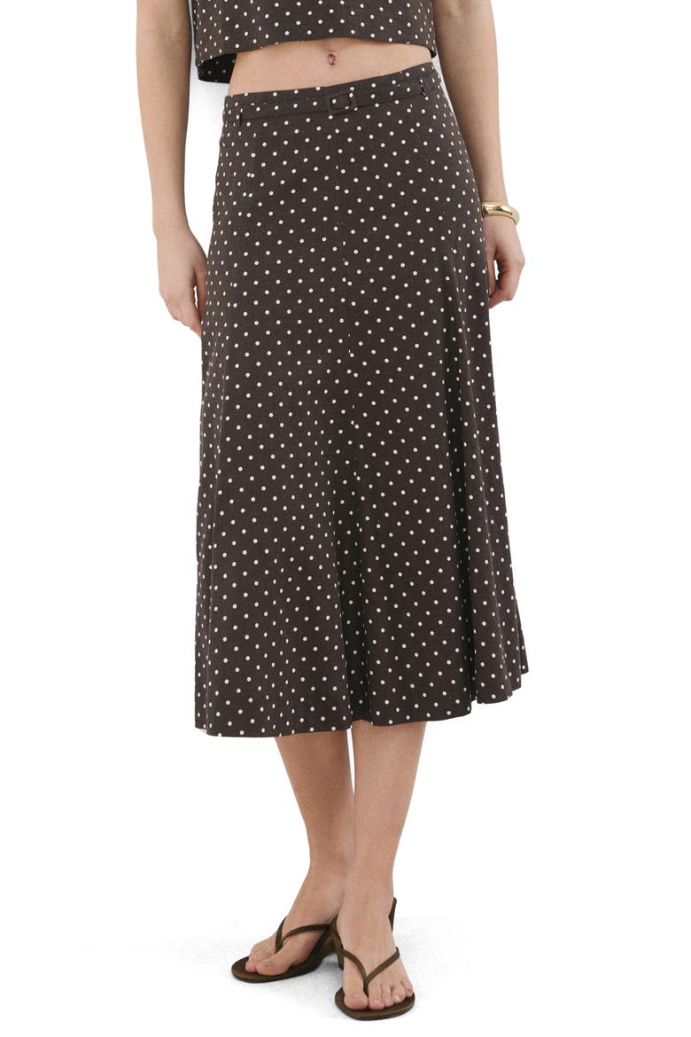 Belted Polka Dot Linen Blend A-Line Midi Skirt, Main, color, BLACK
