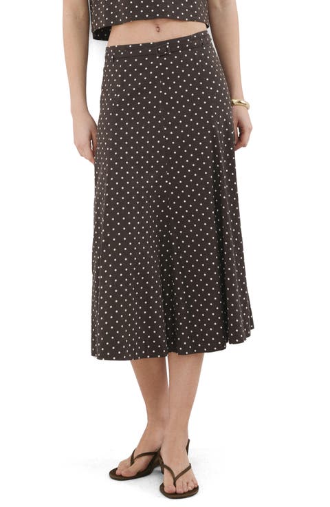 Belted Polka Dot Linen Blend A-Line Midi Skirt