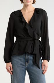 MAX STUDIO Ruffle Long Sleeve Faux Wrap Top