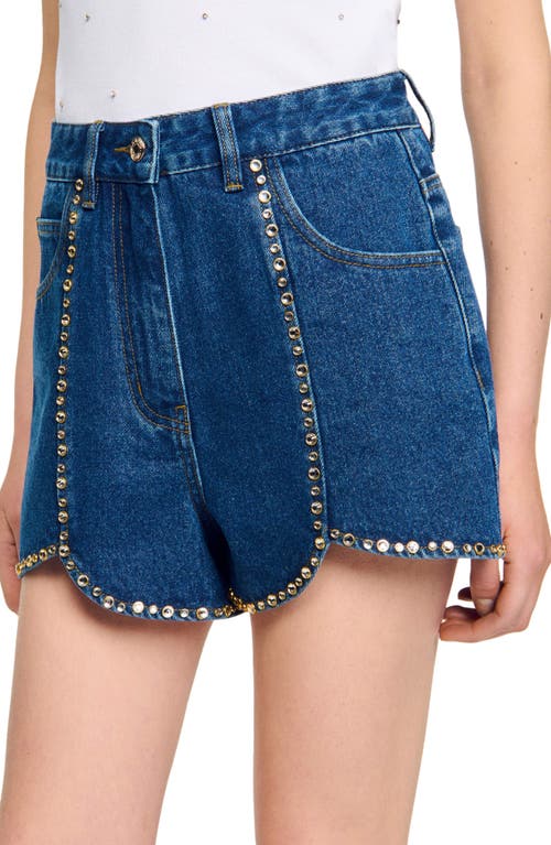 Sandro Womens Blue Jean Rhinestone-embellished Tulip-hem Denim Shorts In Blue