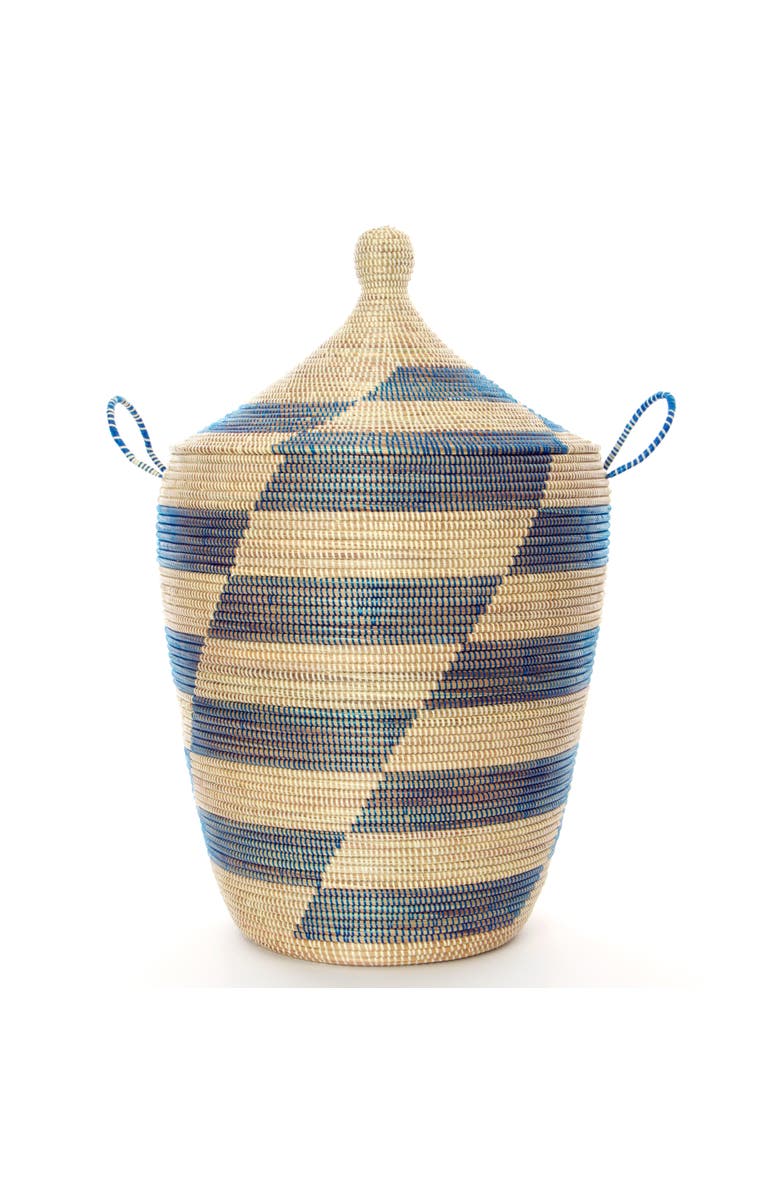 African Modern Set of Three Blue and Cream Mixed Pattern Hampers, Alternate, color, Blue And Cream
