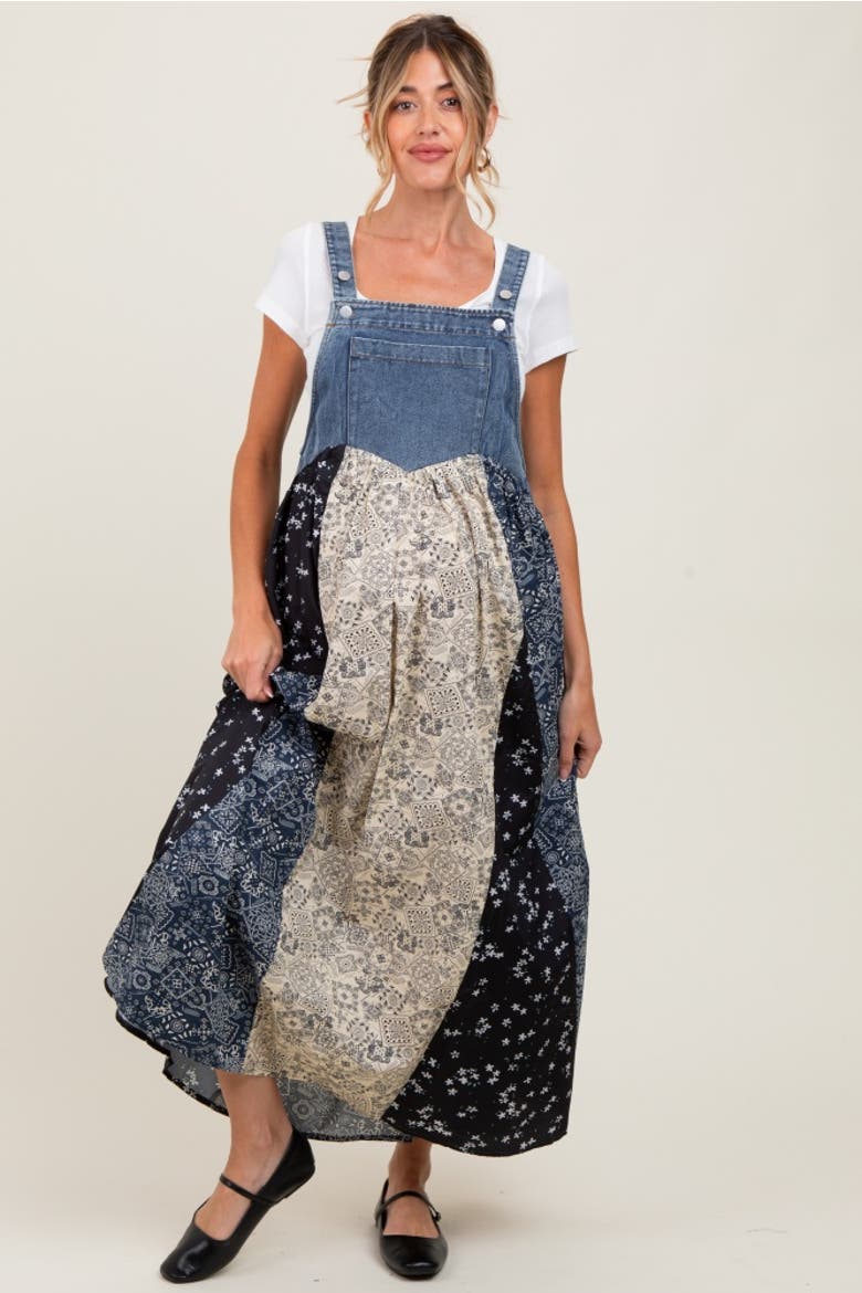 Floral Colorblock Print Denim Contrast Dress, Alternate, color, Blue