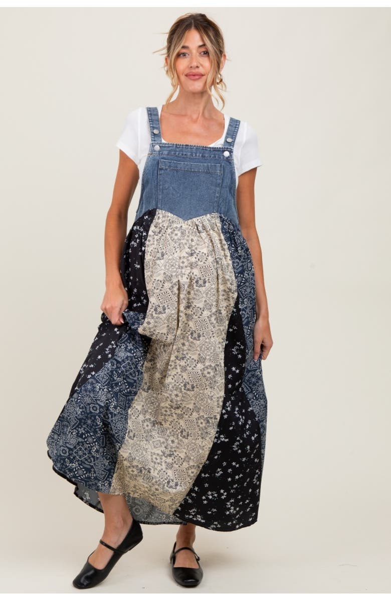 PinkBlush Floral Colorblock Print Denim Contrast Dress, Alternate, color,