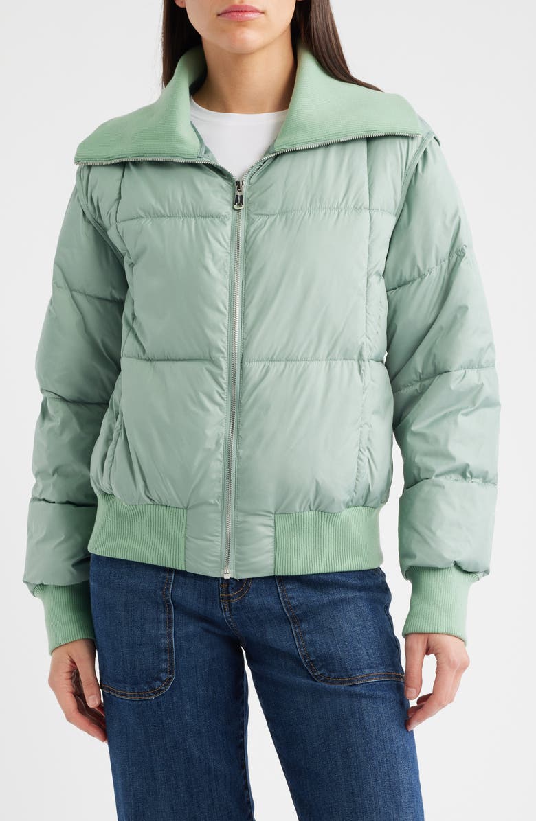 Bernardo Knit Collar Crop Puffer Jacket, Main, color, Cool Sage