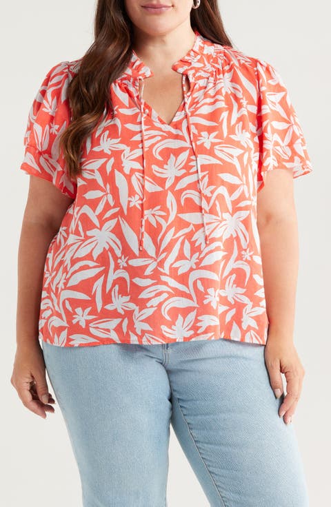 売れ筋商品|||カールラガーフェルド カットソー トップス レディース Plus Size Placed Floral Blouse Soft White Fusion Coral Multi Unique Bargains Women's Plus Size Summer Ruffle Short Sleeve
