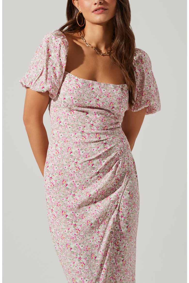 Puff Sleeve Front Slit Midi Dress, Alternate, color, PINK MULTI DITSY