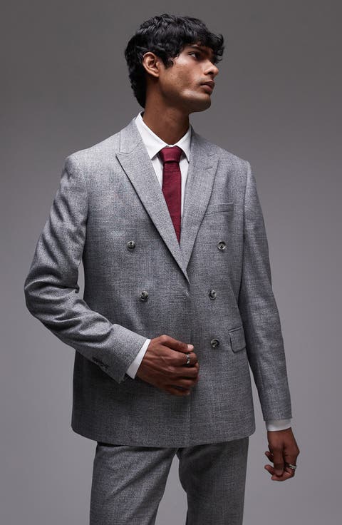Skinny Fit Textured Cotton Double Breasted Suit Jacket