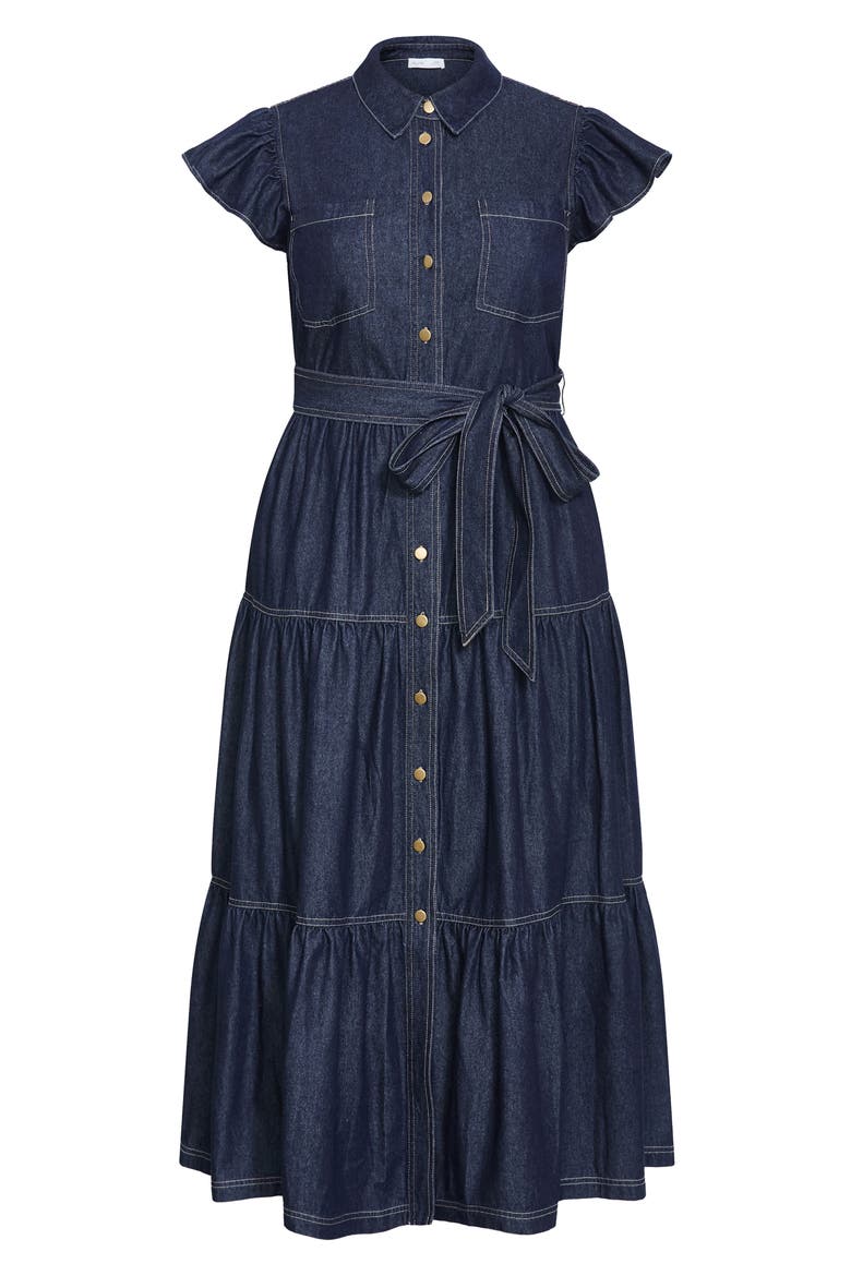 Kelsie Tie Waist Tiered Denim Maxi Dress, Alternate, color, DARK DENIM