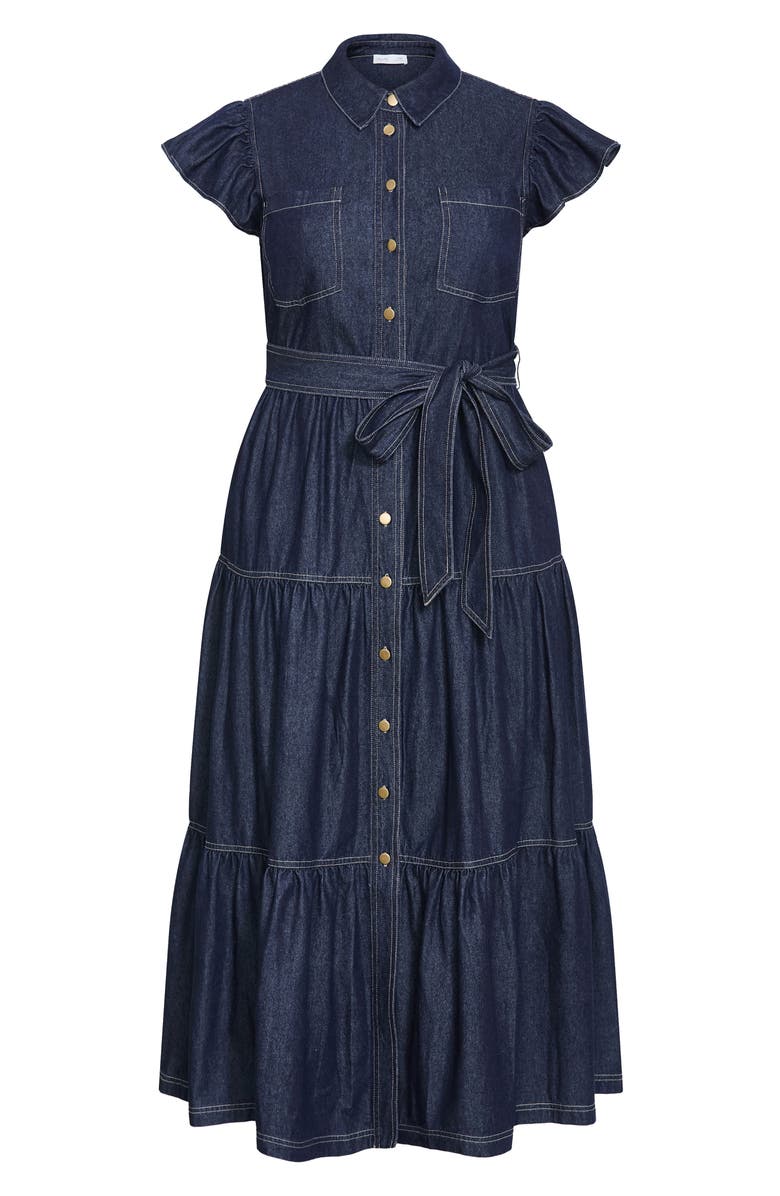 City Chic Kelsie Tie Waist Tiered Denim Maxi Dress, Alternate, color, 