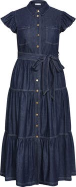 City Chic Kelsie Tie Waist Tiered Denim Maxi Dress