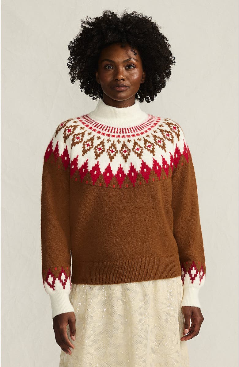 Lands' End Fuzzy Turtleneck Lantern Sleeve Jacquard Sweater, Main, color, Rich Ginger Brown Fairisle