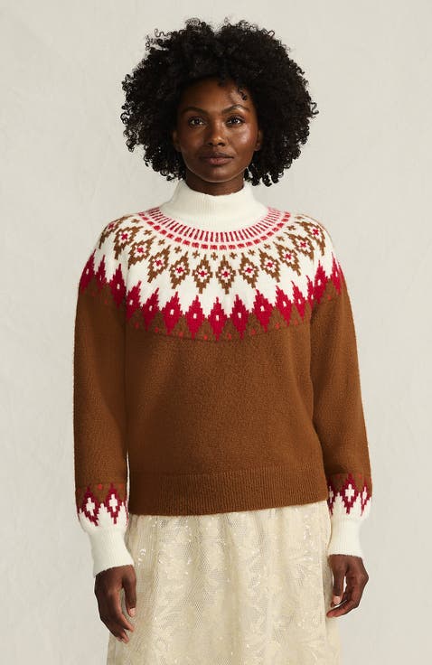 Fuzzy Turtleneck Lantern Sleeve Jacquard Sweater