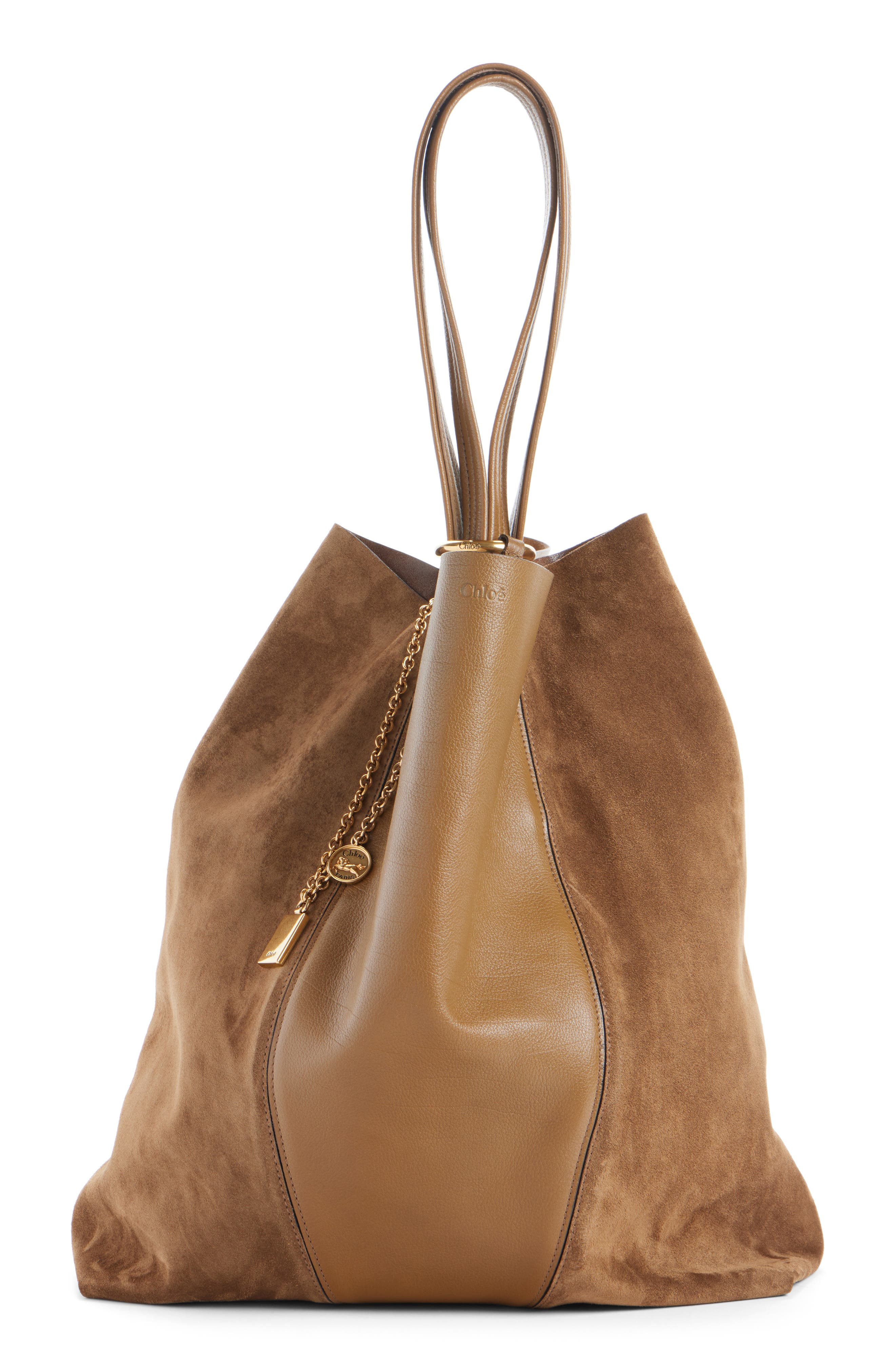Chloé Medium Spin Leather & Suede Tote, Alternate, color, Dark Khaki