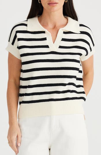 BRAVE + TRUE BRAVE+TRUE ANGELICA STRIPE SHORT SLEEVE POLO SWEATER