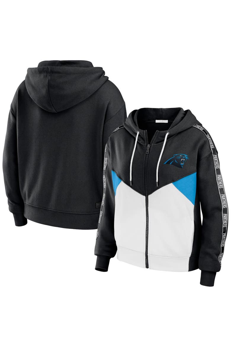 Women's WEAR by Erin Andrews Black/White Carolina Panthers Color Block Light Weight Modest Crop Full-Zip Hoodie, Alternate, color, Black