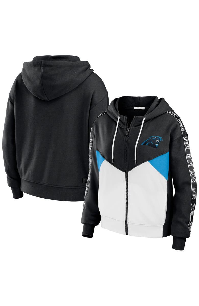WEAR by Erin Andrews Women's WEAR by Erin Andrews Black/White Carolina Panthers Color Block Light Weight Modest Crop Full-Zip Hoodie, Alternate, color, 