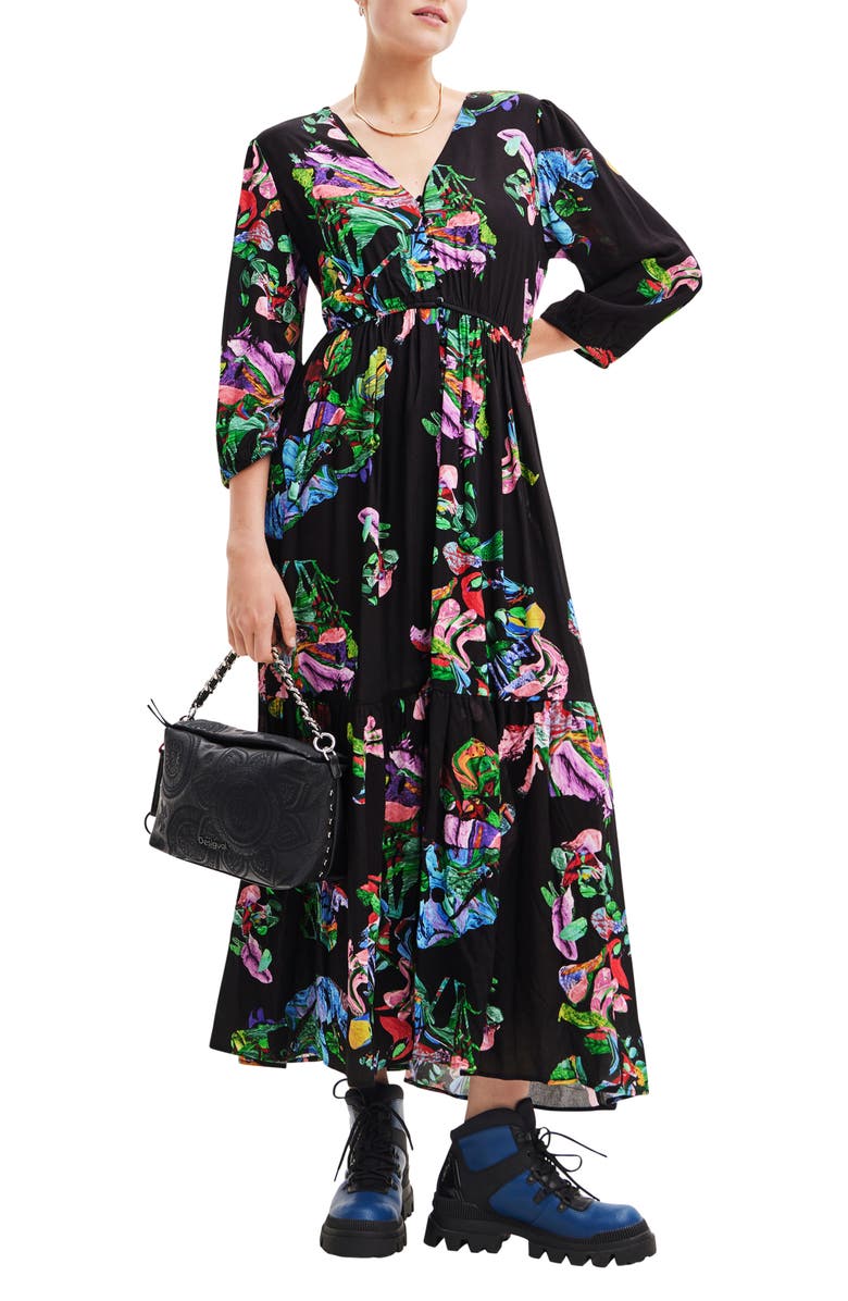 Desigual Poppy Floral Print Long Sleeve Dress, Alternate, color, 