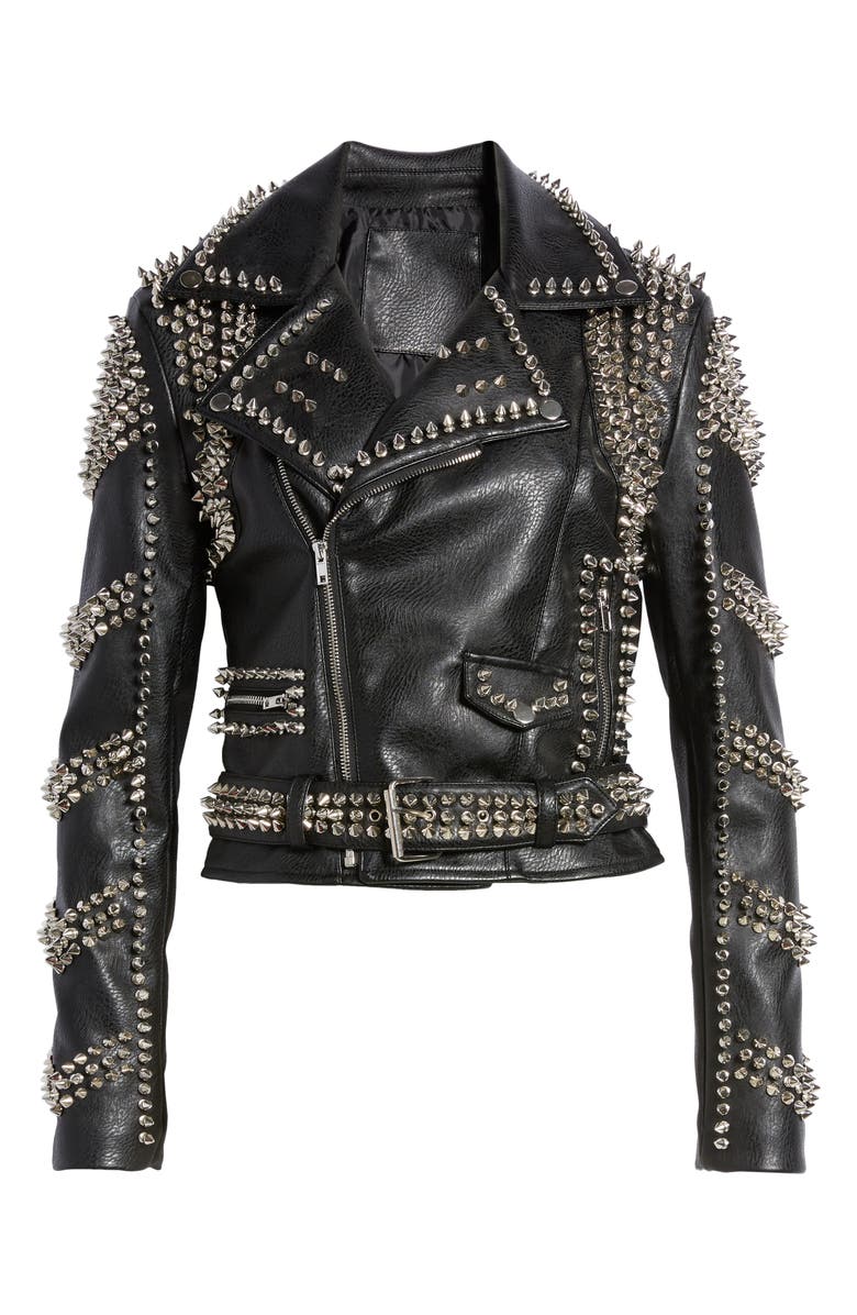 AZALEA WANG Spike Belted Faux Leather Moto Jacket, Alternate, color, Black