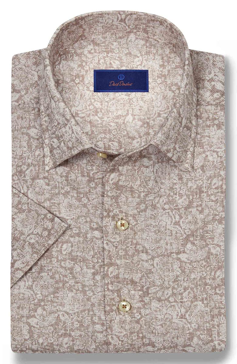 David Donahue Texture Floral Print Short Sleeve Linen & Cotton Shirt, Main, color, Dune