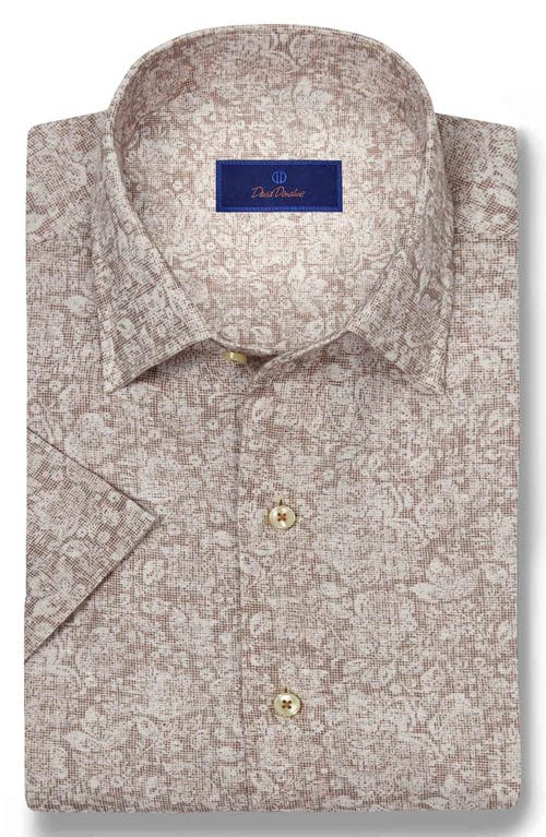 David Donahue Texture Floral Print Short Sleeve Linen & Cotton Shirt In Dune