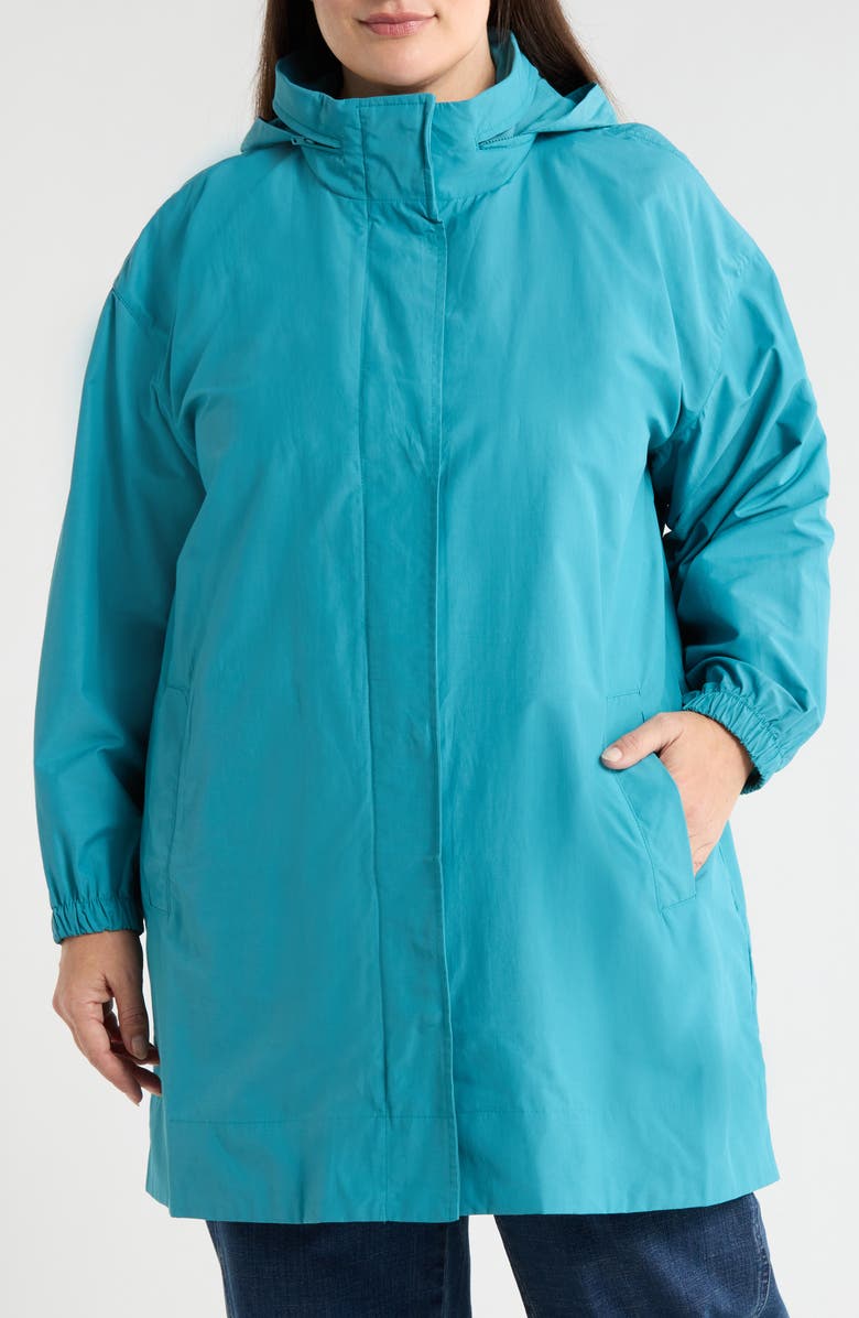 Eileen Fisher Organic Cotton Blend Hooded Longline Coat, Alternate, color, River