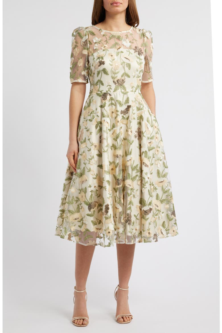 Embroidered Floral Illusion Lace Cocktail Dress, Main, color, YELLOW