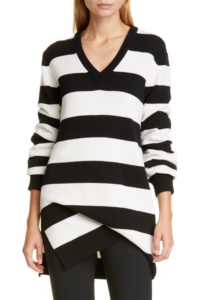 Michael Kors Stripe Draped Asymmetrical Cashmere Sweater, Main, color, BLACK/ WHITE