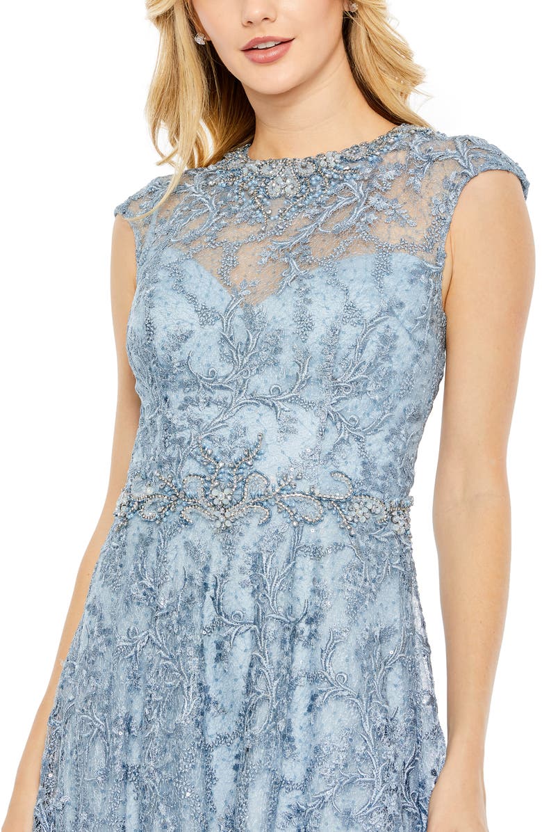 Mac Duggal Women’s Lace Embellished Cap Sleeve Formal Gown, Alternate, color, Slate Blue