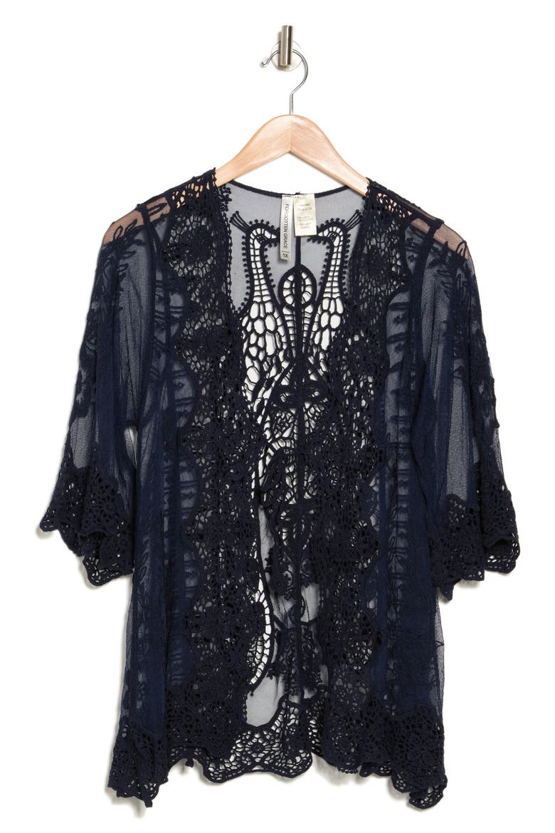Tie Front Crochet Lace Trim Top, Alternate, color, NAVY