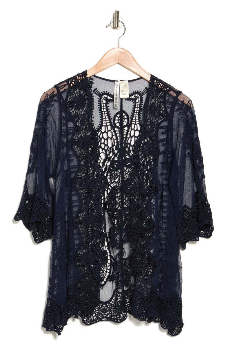 Forgotten Grace Tie Front Crochet Lace Trim Top, Alternate, color, Navy