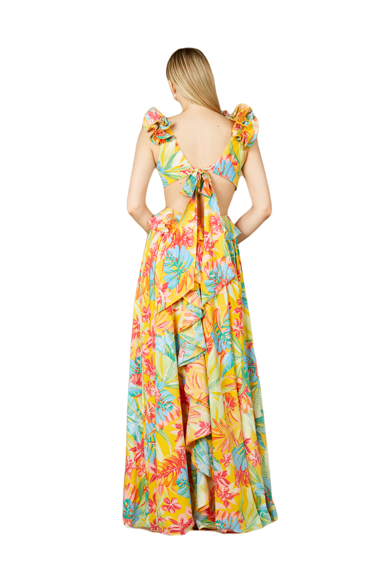 V-Neck Long Print Gown with Ruffled Straps, Alternate, color, Yellow