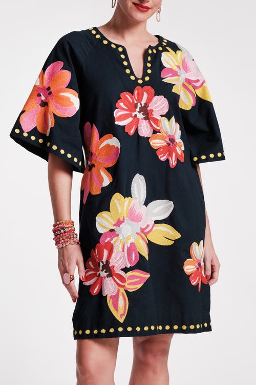Frances Valentine Charming Caftan Mini Sun Floral Cotton Linen In Navy/multi