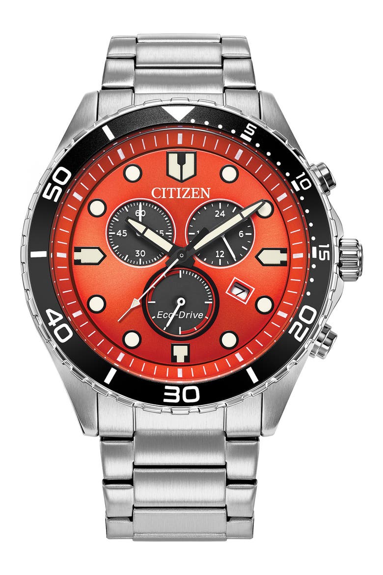 Eco-Drive Bracelet Strap Chronograph Diving Watch, 43mm, Main, color, SILVER