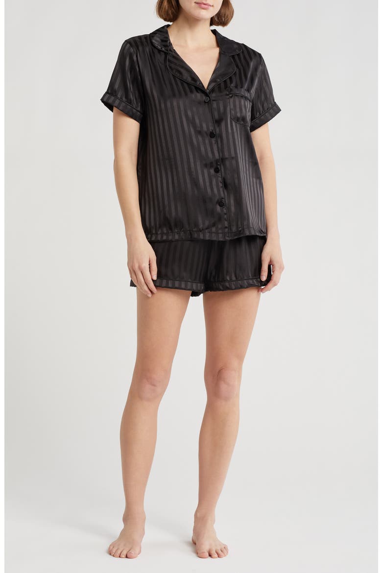 Dixie Charmeuse Short Sleeve Button-Up Shirt & Shorts Pajamas, Main, color, BLACK SATIN STRIPE