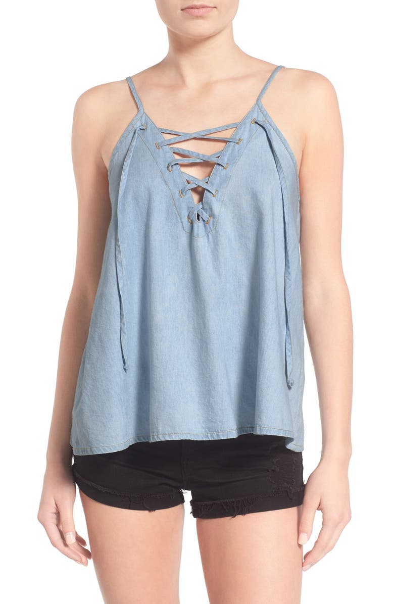 Mimi Chica Lace-Up Chambray Camisole, Main, color, 