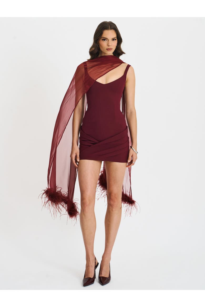 Tori Pleated Mini Dress with Chiffon Scarf, Alternate, color, Wine