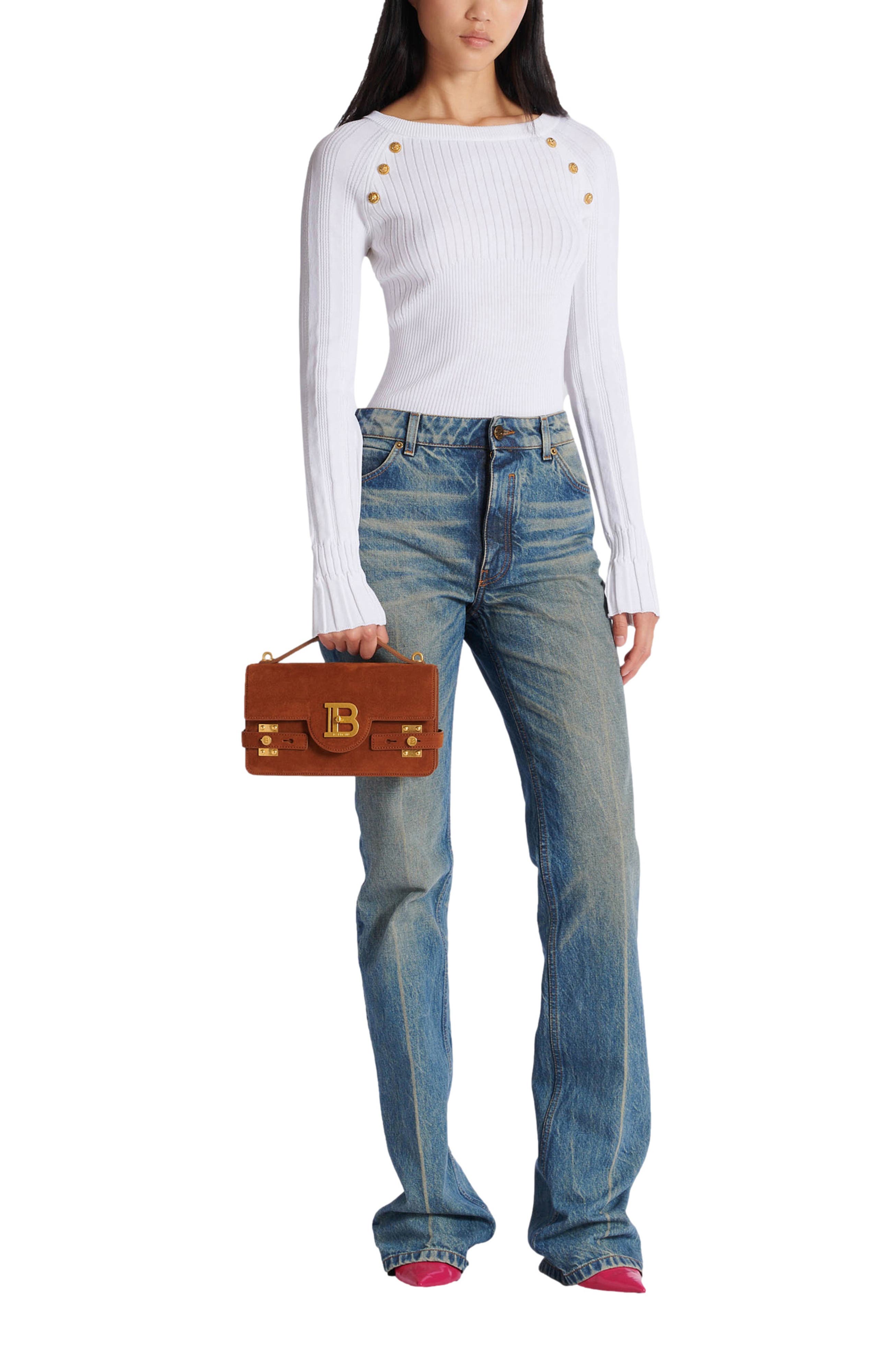 Balmain Suede B-Buzz Shoulder 24 bag, Alternate, color, Brown