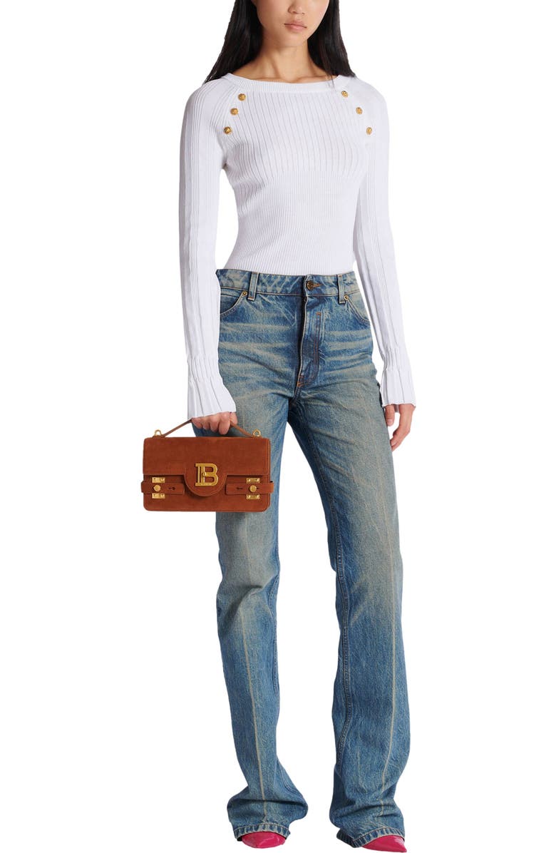 Balmain Suede B-Buzz Shoulder 24 bag, Alternate, color, Brown