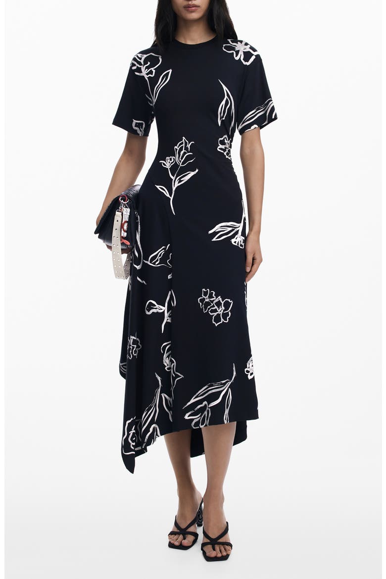 Short Sleeve Asymmetric Hem Maxi Dress, Main, color, BLACK