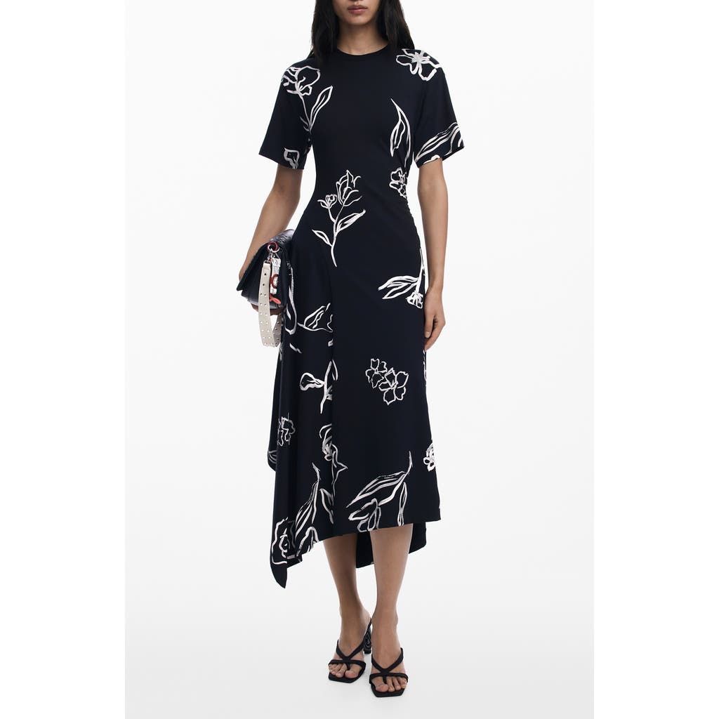 Desigual Short Sleeve Asymmetric Hem Maxi Dress In Black