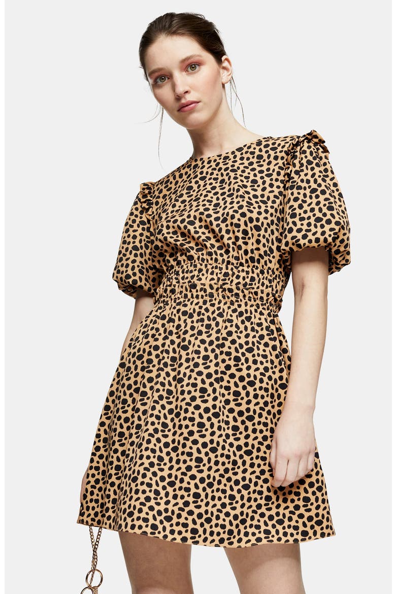 Puff Sleeve Minidress, Alternate, color, BROWN