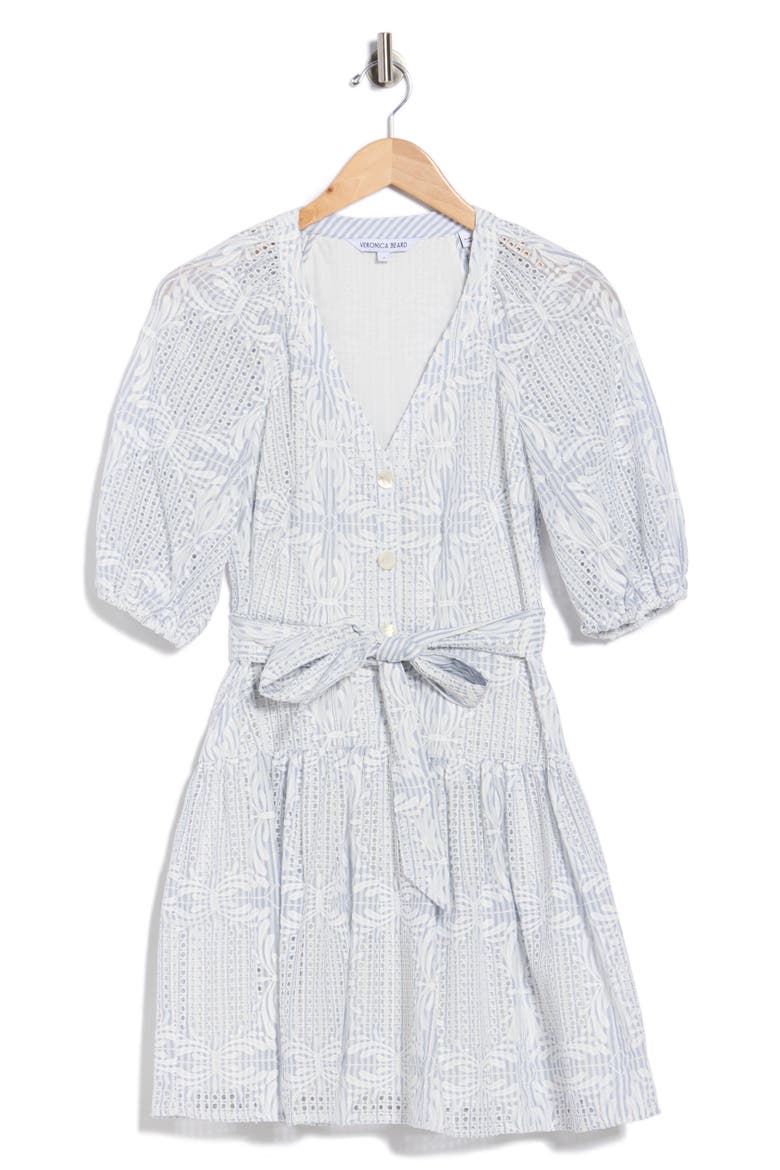 Bobbie Embroidered Eyelet Puff Sleeve Fit & Flare Dress, Alternate, color, BLUE/ WHITE