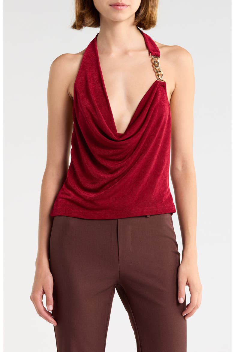 Marvelle Plunge Hardware Halter Top, Main, color, RED