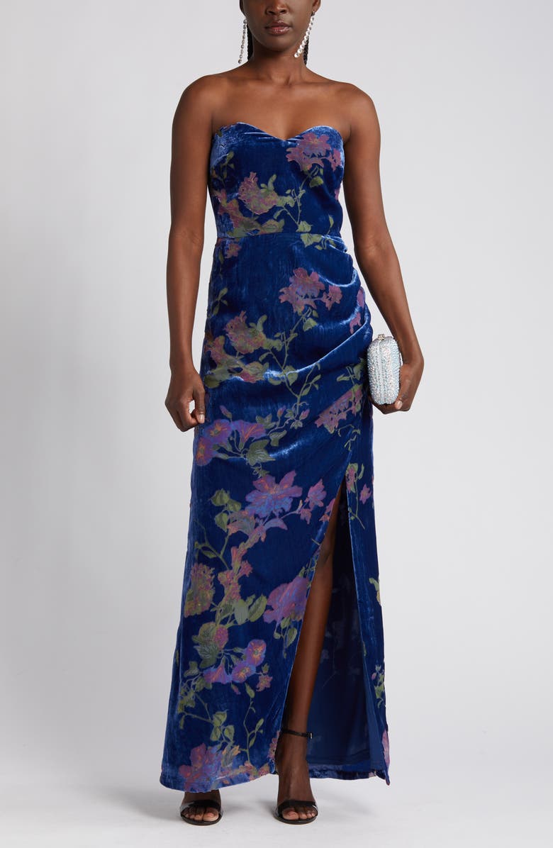Lulus Exquisite Floral Velvet Burnout Strapless Gown, Main, color,