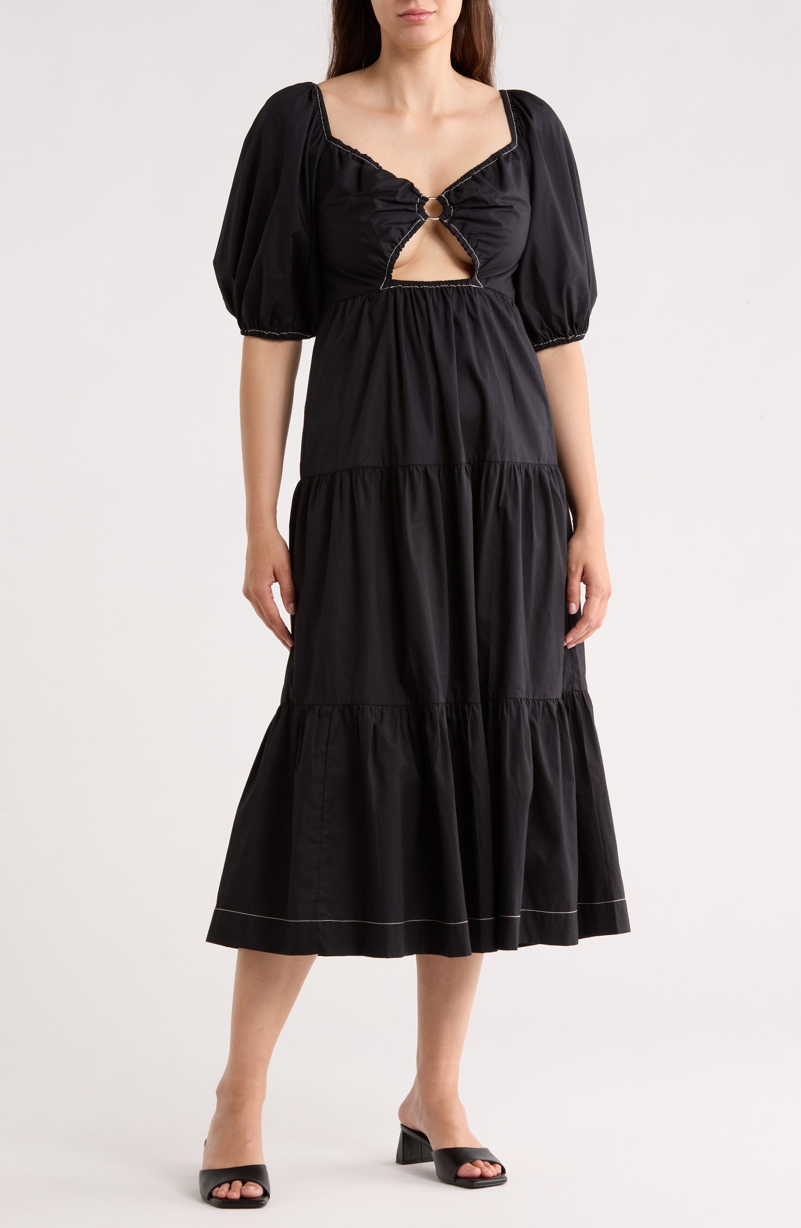 DRESS TO Puff Sleeve Tiered Cotton Midi Dress