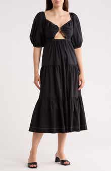 Puff Sleeve Tiered Cotton Midi Dress