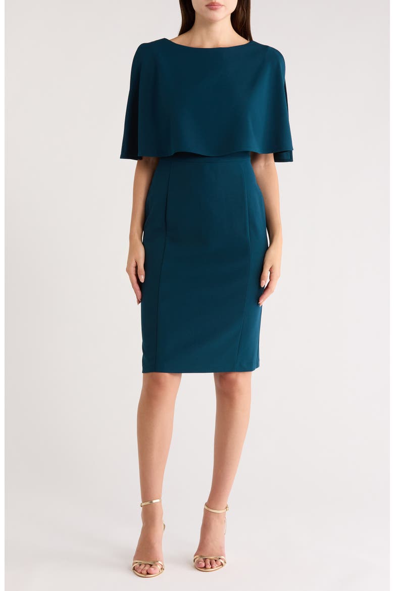 Cape Sleeve Crepe Sheath Dress, Main, color, DARK MALLARD