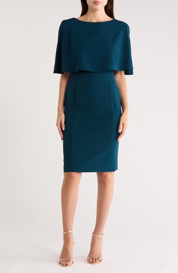 Connected Apparel Cape Sleeve Crepe Sheath Dress In Blue