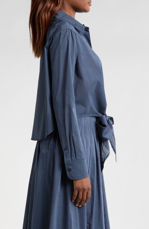 Wayf Amelie Tie Waist Cotton Button-up Shirt In Stone Blue